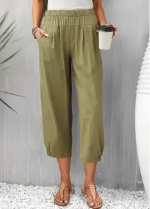 Modlily Olive Green Pocket Regular Elastic Waist Pants - S