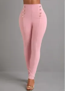 Modlily Pink Button Skinny Elastic Waist High Waisted Pants - XXL