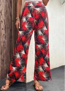 Modlily Red Lightweight Leaf Print Elastic Waist Pants - 2XL