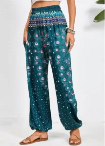 Modlily Turquoise Pocket Feathers Print Jogger Elastic Waist Pants - L