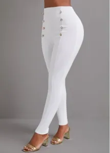 Modlily White Button Skinny Elastic Waist High Waisted Pants - XXL