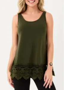 Modlily Army Green Lace Stitching Tank Top - S
