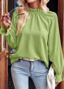 Modlily Avocado Green Ruched Long Sleeve Stand Collar Blouse - L