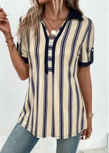 Modlily Beige Patchwork Striped Short Sleeve Shirt Collar Blouse - M