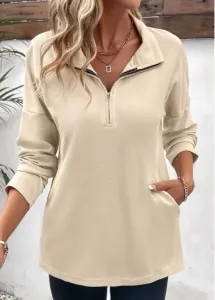 Modlily Beige Pocket Long Sleeve Turn Down Collar Blouse - M