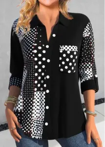 Modlily Black Asymmetry Polka Dot Shirt Collar Blouse - M
