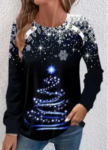 Modlily Black Button Christmas Tree Print Long Sleeve Sweatshirt - XL