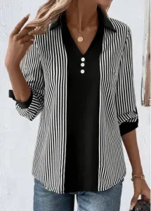 Modlily Black Button Striped Long Sleeve Shirt Collar Blouse - L #1197631