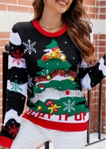 Modlily Black Christmas Tree Print Long Sleeve Round Neck Sweater - M