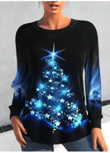 Modlily Black Christmas Tree Print Scoop Neck Sweatshirt - L
