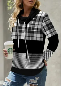 Modlily Black Drawstring Plaid Long Sleeve Cowl Neck Sweatshirt - XL