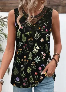 Modlily Black Embroidery Floral Print Sleeveless Round Neck Tank Top - M