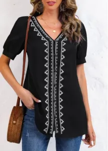 Modlily Black Embroidery Tribal Print Long Sleeve Blouse - M