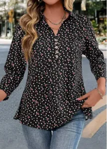 Modlily Black Friday Button Ditsy Floral Print Long Sleeve Blouse - 5XL