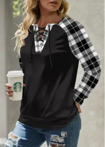 Modlily Black Lace Up Plaid Long Sleeve Round Neck Sweatshirt - XL