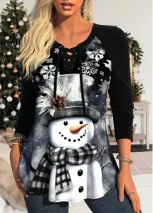Modlily Black Lace Up Snowman Print Long Sleeve Sweatshirt - L