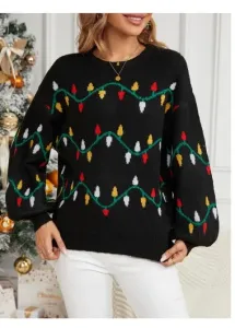 Modlily Black Patchwork Christmas Tree Print Long Sleeve Sweater - S
