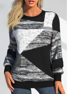 Modlily Black Patchwork Geometric Print Long Sleeve Round Neck Sweatshirt - XXL