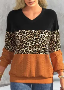 Modlily Black Patchwork Leopard Long Sleeve V Neck Sweatshirt - M