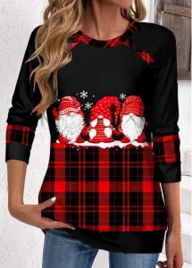 Modlily Black Patchwork Plaid Long Sleeve Round Neck Christmas Sweatshirt - M