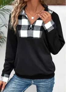 Modlily Black Patchwork Plaid Long Sleeve Turn Down Collar Sweatshirt - S