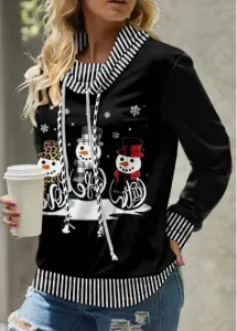 Modlily Black Patchwork Snowman Print Christmas Cowl Neck Sweatshirt - L