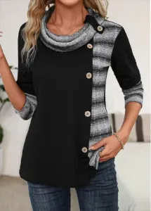Modlily Black Patchwork Striped Long Sleeve Cowl Neck Sweatshirt - L #1180644
