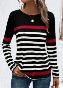 Modlily Black Patchwork Striped Long Sleeve Round Neck Sweatshirt - M