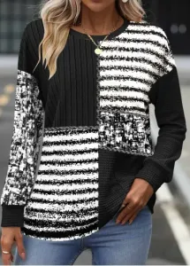 Modlily Black Patchwork Striped Long Sleeve Round Neck Sweatshirt - S