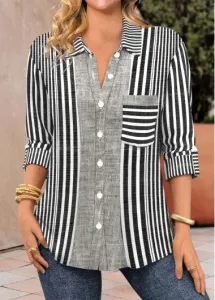 Modlily Black Patchwork Striped Long Sleeve Shirt Collar Blouse - L
