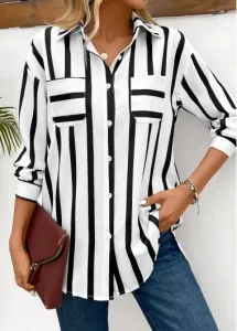Modlily Black Pocket Striped Long Sleeve Shirt Collar Blouse - XL