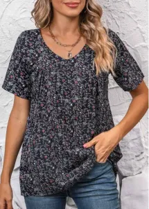 Modlily Black Ruched Ditsy Floral Print Short Sleeve Blouse - L
