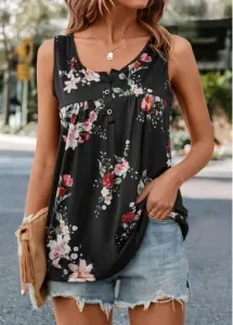 Modlily Black Ruched Floral Print Tank Top - M