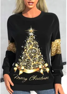 Modlily Black Sequin Christmas Tree Print Long Sleeve Sweatshirt - L #1197651