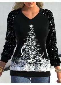 Modlily Black Sequin Christmas Tree Print Long Sleeve Sweatshirt - S #1174162
