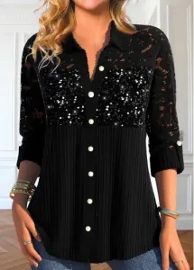 Modlily Black Sequin Long Sleeve Shirt Collar Blouse - XL