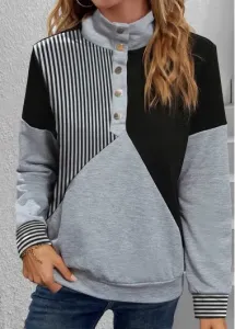 Modlily Black Snap Button Striped Long Sleeve Turtleneck Sweatshirt - XXL
