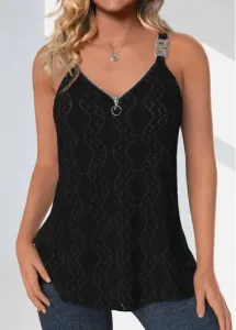 Modlily Black Textured Fabric Strappy V Neck Camisole Top - XXL