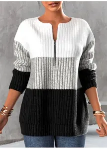Modlily Black Zipper Long Sleeve Round Neck Sweatshirt - L