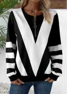 Modlily Black Zipper Striped Long Sleeve Round Neck Sweatshirt - XXL