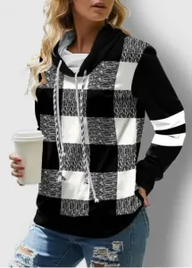Modlily Black&White Plaid Drawstring Neck Long Sleeve Contrast Sweatshirt - XL