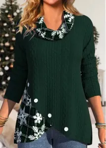 Modlily Christmas Blackish Green Button Snowflake Print Cowl Neck Sweatshirt - L