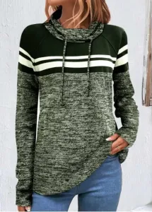 Modlily Blackish Green Patchwork Striped Long Sleeve Cowl Neck Sweatshirt - L