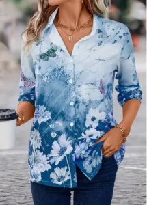 Modlily Blue Button Floral Print Long Sleeve Blouse - L