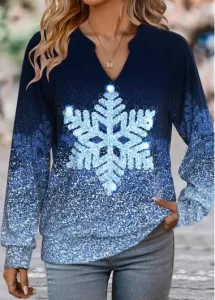 Modlily Blue Patchwork Snowflake Print Long Sleeve Split Neck Sweatshirt - L