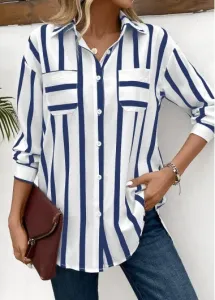 Modlily Blue Pocket Striped Long Sleeve Shirt Collar Blouse - S #1236623