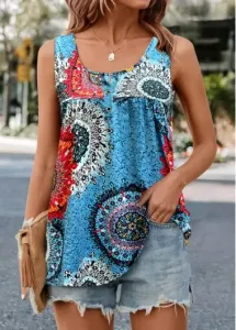Modlily Blue Ruched Tribal Print Tank Top - M