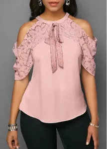 Modlily Bowknot Lace Stitching Pink Cold Shoulder Blouse - S