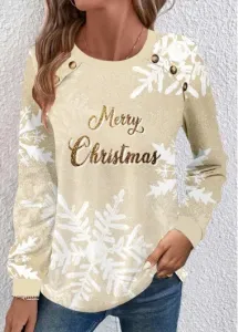 Modlily Champagne Button Snowflake Print Christmas Round Neck Sweatshirt - XXL