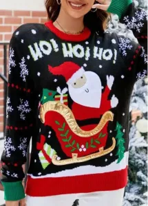 Modlily Christmas Black Santa Claus Print Long Sleeve Round Neck Sweater - L